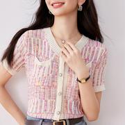 好质量原版夏季针织衫薄款女小香风短袖粉色，开衫t恤上衣