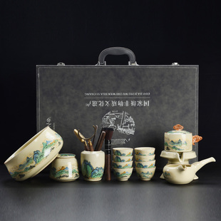 米黄汝窑茶具套装家用轻奢高档石磨，懒人泡茶神器自动茶壶茶盘