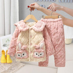 冬季女童儿童睡衣三层夹棉加厚法兰绒珊瑚绒中大童保暖宝宝家居服