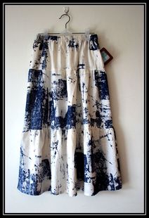 夏季棉麻长裙亚麻拼接款，半裙波西米亚裙子，蓝色水墨中短裙