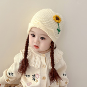 毛线帽子婴儿假发帽辫子，1一岁女宝宝针织帽，秋冬季女孩冬天款女童2