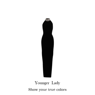 Younger Lady设计感重工水钻链条气质名媛复古黑色丝绒连衣裙长裙