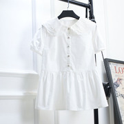 夏季小清新白衬衫短袖大码设计感小众蕾丝，娃娃领百搭荷叶边胖mm