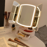 贝壳led化妆镜带灯收纳盒一体台式桌面梳妆台网红可放大镜子