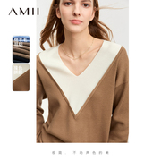 Amii极简毛衣女2024冬宽松显瘦针织衫假两件撞色V领套头上衣