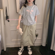 女童韩版甜美灰色蕾丝边短袖T恤2024夏季中大童珍珠项链上衣