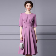 智丽紫色连衣裙2024优雅轻熟风收腰显瘦五分袖压褶大摆裙春款