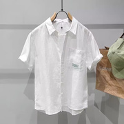 白色亚麻短袖衬衫男夏季薄款麻料潮流纯色翻领修身棉麻衬衣polo衫