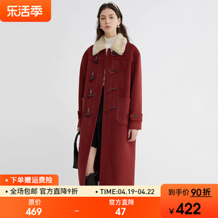 范洛新年红色毛呢大衣女2023冬仿羊羔，毛牛角(毛牛角，)扣拼接中长款加厚外套