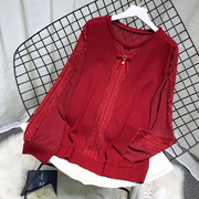 雪纺袖拼接T恤长袖女红色上衣秋季圆领宽松洋气遮肚子中年打底衫