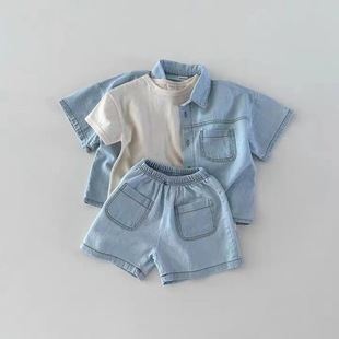 夏季韩版衣服婴幼儿男女童小宝宝时尚短袖牛仔衬衫开衫+短裤套装