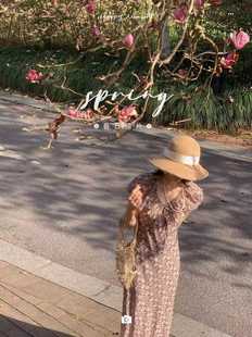 飞花法式复古优雅小碎花连衣裙女印花v领修身包臀泡泡袖长裙