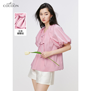 misscocoon粉色泡泡袖，雪纺衫女2024夏季宽松设计感蝴蝶结上衣