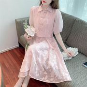新中式粉色两件套旗袍连衣裙子女装夏装2023雪纺长裙气质高级