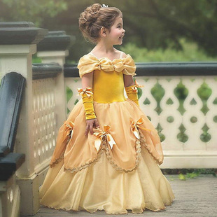 贝儿尔公主裙蓬蓬纱花童长婚纱，女童一字肩，连衣裙儿童晚礼服高贵黄
