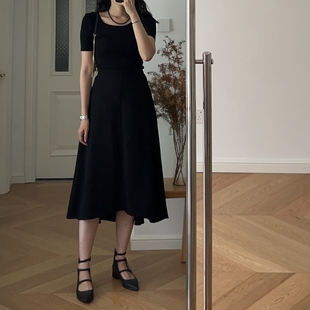 夏装法式优雅赫本风中高腰，半身裙过膝黑色中长裙0.39
