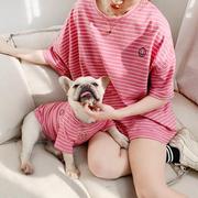 夏季狗狗卫衣韩版小狗亲子装，泰迪条纹棉，t恤小型犬加菲猫咪两脚衣