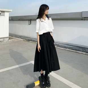 山本风赫本复古暗黑系套装白色短袖衬衫搭配黑色半身裙长裙两件套