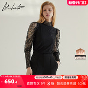 m.hiti蕾丝小立领上衣h3c101j锡瑅2022秋季气质，黑色蕾丝衫