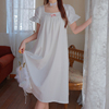 甜美少女小白裙睡裙，女夏季短袖白色连衣裙纯棉，法式宫廷风宽松睡衣
