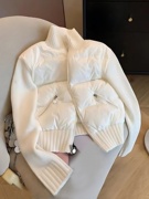 白色立领拼接针织棉服外套秋冬女2023小众设计感时尚百搭夹棉棉衣