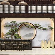 新中式山水客厅电视背景墙，壁纸饭店浮雕迎客松，壁画5d立体包厢墙布