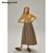 mumiluo半身裙女秋冬季前后两穿高腰单排扣羊毛，a字长裙