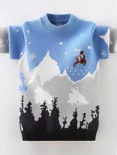 中大童圣诞节毛衣卡通雪橇，鹿圆领套头长袖，线衣秋冬装加厚保暖上衣