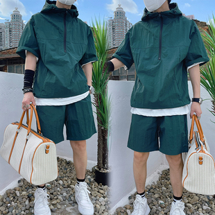 夏季男士日系风套装工装，款短袖短裤，休闲宽松外套衬衣薄款连帽卫衣