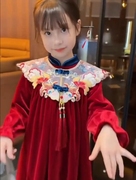 女童红色连衣裙冬装洋气丝绒公主裙冬季加绒女孩中国风儿童拜年服