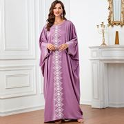 中东阿拉伯穆斯林纯色拼接宽松大码蝙蝠袖女士连衣裙长袍3353