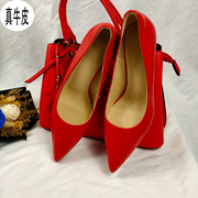 红色时尚高跟鞋婚鞋9公分性感细跟75厘米中跟粗跟尖头浅口女单鞋