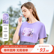 betu百图夏季紫色通勤卡通印花短袖圆领T恤上衣