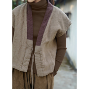 冬文艺中式撞色保暖夹棉背心系带，坎肩马甲复古做旧开衫个性外套女