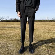 黑色西裤男直筒宽松韩版潮流修身显瘦小脚，垂感休闲九分西装裤套装