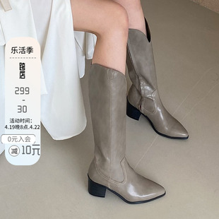 现韩国女鞋2020秋季ins优雅气质灰尖头奶白侧拉链流苏高筒靴