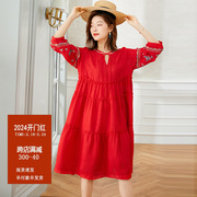 刺绣连衣裙民族风大码宽松灯笼七分袖新中式设计感红色A字裙中长