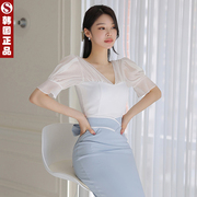 韩国东大门女装高端衬衫优雅女人味雪纺短袖V领上衣修身春夏
