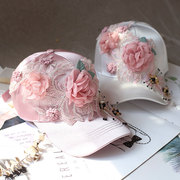 夏季薄款女鸭舌棒球帽子金线粉色蕾丝刺绣手工花朵韩版休闲白色帽