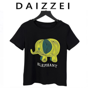 DAIZZEI~2023夏季小众设计感立体小象图案正肩短袖T恤女上衣