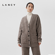 lancy朗姿2023冬季牦牛绒气质v领针织，开衫高端中长款外套女
