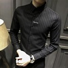 男士条纹衬衫长袖加绒加厚保暖黑色高端2021韩版修身衬衣潮流