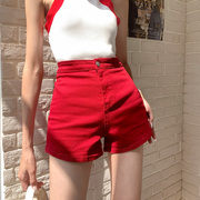 红色牛仔短裤女紧身超高腰2023夏季韩版显瘦a字弹力修身热裤