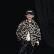 男童加厚外套2023冬季韩版中大儿童豹纹翻领，夹克潮流保暖棉衣