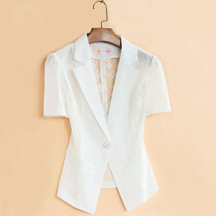 白色短袖西装女外套，修身薄款夏季短款韩版蕾丝网纱西服小披肩外搭