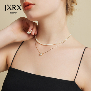 JXRX双层叠戴珍珠项链女气质小众设计感高级四叶草吊坠颈链锁骨链