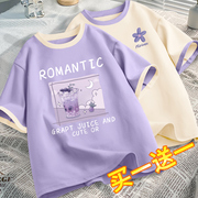 紫色短袖t恤女夏季2023年港味chic上衣夏装纯棉体恤夏小个子