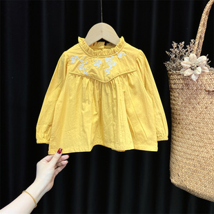 儿童衬衫2024春季洋气刺绣，衬衣女童黄色立领，衬衫宝宝长袖上衣