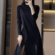 欧洲站2023秋冬法式赫本风拼接网纱黑色针织洋装设计感裙子