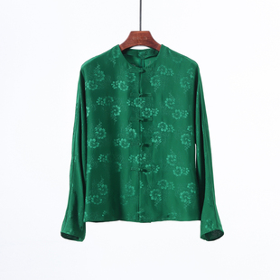 重磅真丝十字花萝提花，修身盘扣新中式上身国风，桑蚕丝祖母绿衬衫